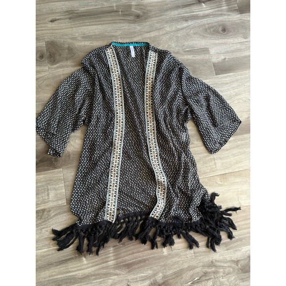 Xhilaration Open Front Kimono Beach Cover Up Print Fringe Hem Embroidery S‎ Blue - Picture 2 of 9